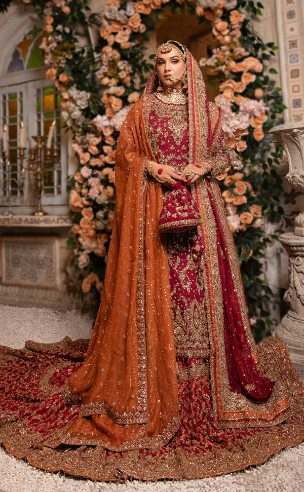 Red Trail Farshi Bridal with traditional Hand Embroidery.