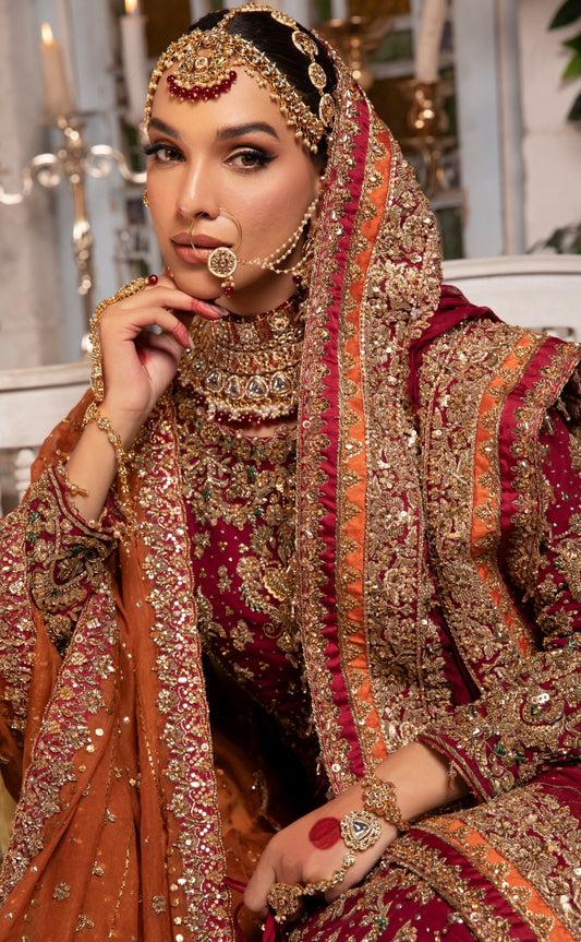 Red Trail Farshi Bridal with traditional Hand Embroidery.