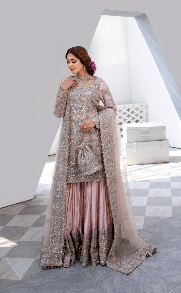 Shujat’s Signature Hand-Embroidered Pink Shirt with Gharara GZ-2320