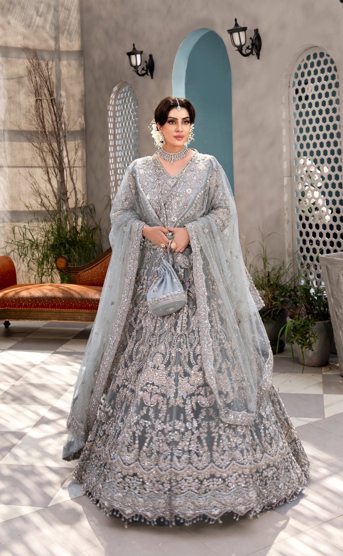 satin soft blue long dress GZW-2322 Ahl-E-Dil By Shujat