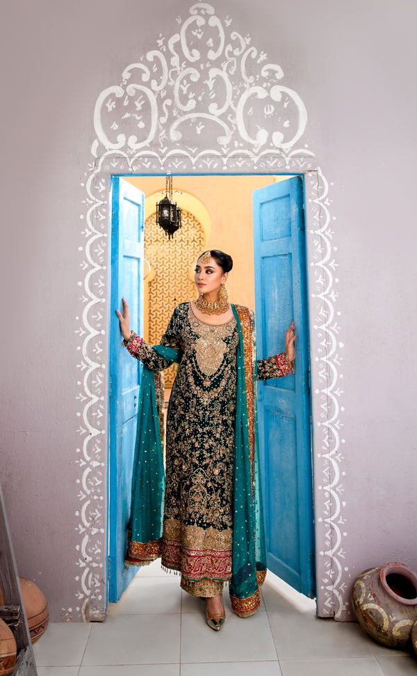 chiffon Long Shirt in Dark Emerald Green GZW-2326 Ahl-E-Dil By Shujat