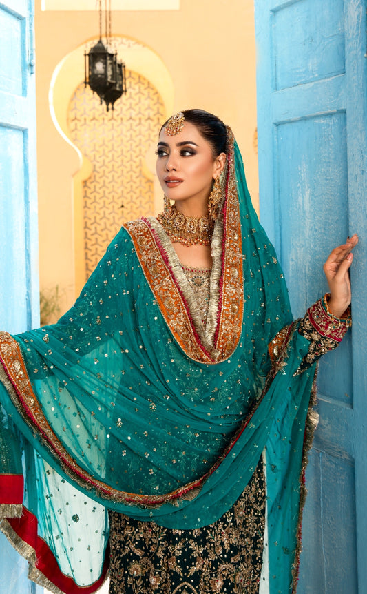 chiffon Long Shirt in Dark Emerald Green GZW-2326 Ahl-E-Dil By Shujat